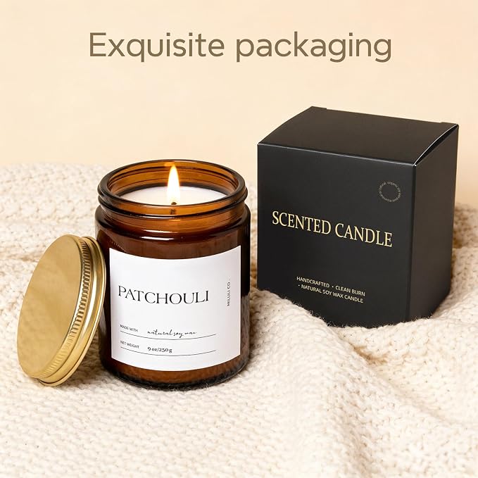 Patchouli Scented Soy Candle for Home, Natural Aromatherapy Candles with Essential Oils, Nontoxic Clean Burn, Strong Balanced Scent, 50 Hour Longlasting, Amber Jar Candel for Women Men(9oz)