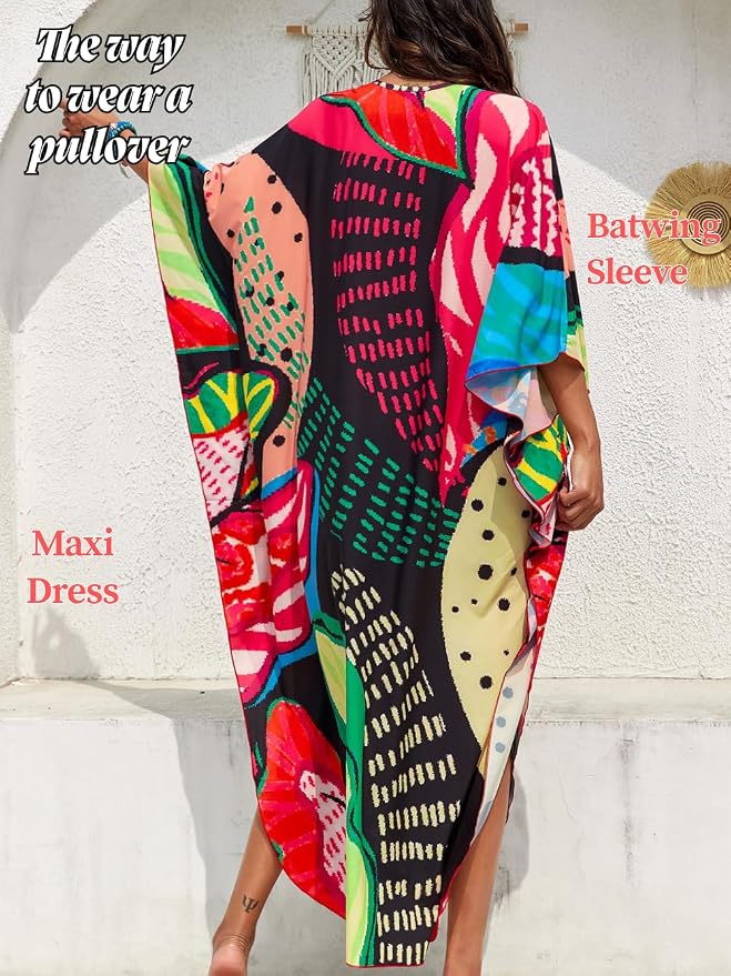 ChiaoLezhee Print Moo-Moos for Women, Kaftan Cover-Up Dresses, Sexy V-Neck High-Slit, Beach Pool-Party Coverups Muumuu Plus