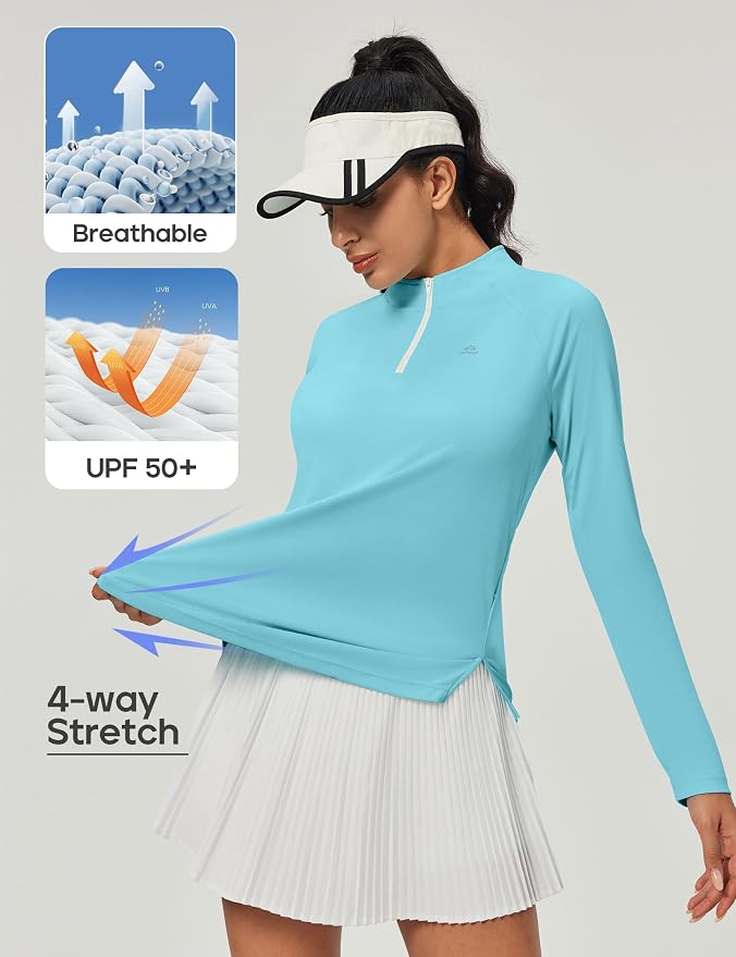 Heathyoga Long Sleeve Workout Tops for Women Golf Shirt UPF 50+ Swim Shirts for Woman UV Sun Protection Quarter Zip Pullover
