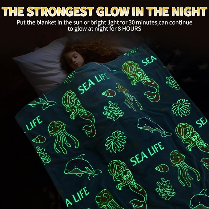 Glow in The Dark Blanket Mermaid Whale Gifts for Girls Boys,Soft Marine Life Blanket 3 4 5 6 7 8 9 10 Year Old Girl Gifts,Toddler Girls Toys Age 6-8,Valentine's Day Birthday Gifts Presents