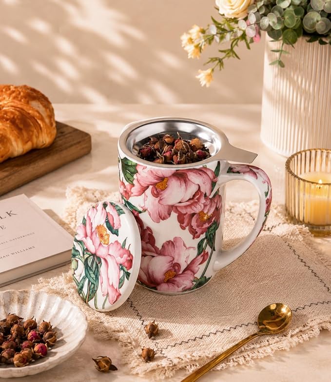 AmorArc Porcelain Tea Mug with Infuser and Lids, 18 Oz Coffee Cup Strainer with Bag Holder for Loose Leaf Tea, Steeping Coffee Mug for House-warming Wedding Birthday Gift