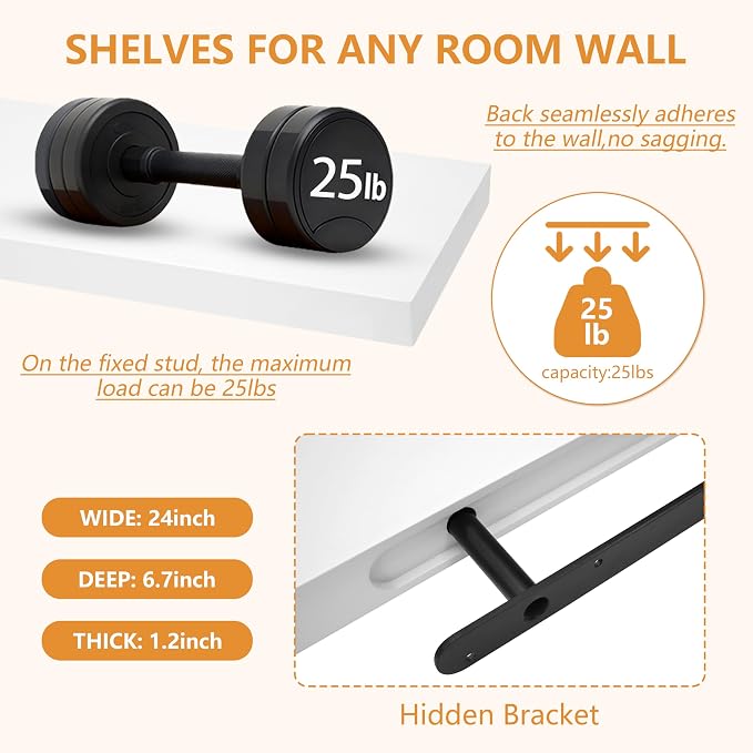 ROGMARS 24 Inch White Paulownia Wood Floating Shelves Set of 3 | Hidden Bracket Space Saving Wall Shelves for Small Apartment | Wall Mounted Storage Shelves for Living Room Kitchen Bedroom