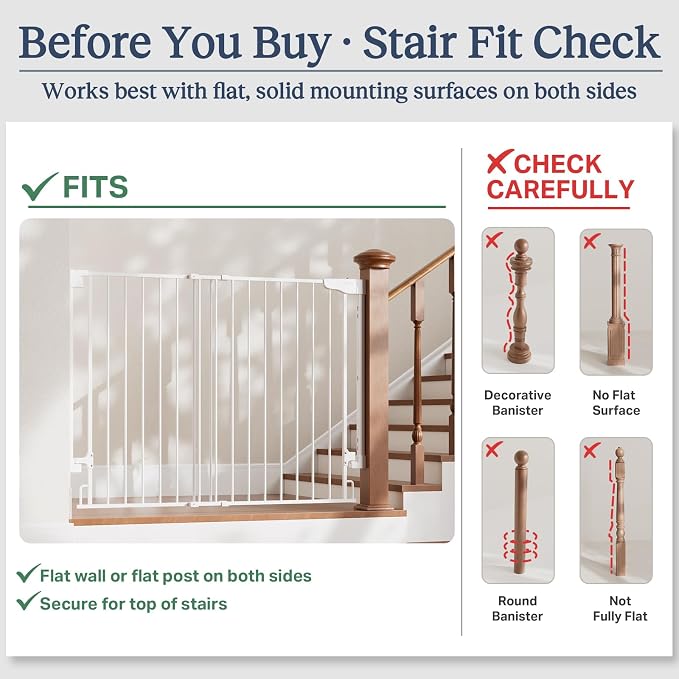 Cumbor 34" Extra Tall Baby Gate for Stairs, Hardware Mounted (Drill Required), Expandable 31.6-48" No Bottom Bar Dog Gate Indoor for Larger Pets, Large Walk Thru Door for Easy Access (White)