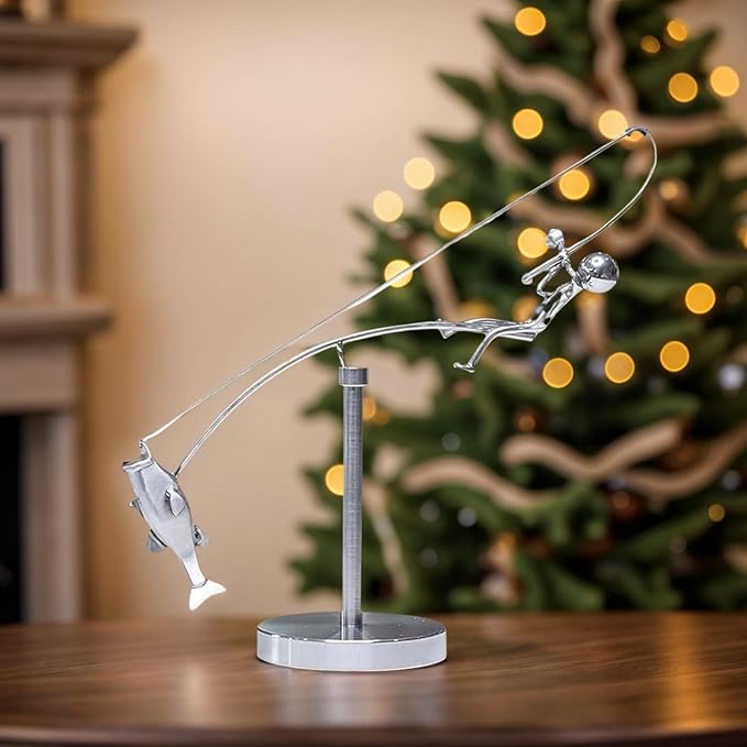 Kinetic Fishing Balance Art Sculpture, Stainless Steel Fisherman Desk Toy, Stainless Physics Balancing Fishing Physics Sculpture for Home Office Art Deco Festival Gift (1 PCS)