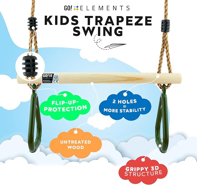 Trapeze Swing Bar for Kids Indoor & Outdoor | Adjustable Trapeze Bar with Rings for Swing Set | Hanging Gymnastics Bar for Monkey Bars, Ninja Course & Play Set