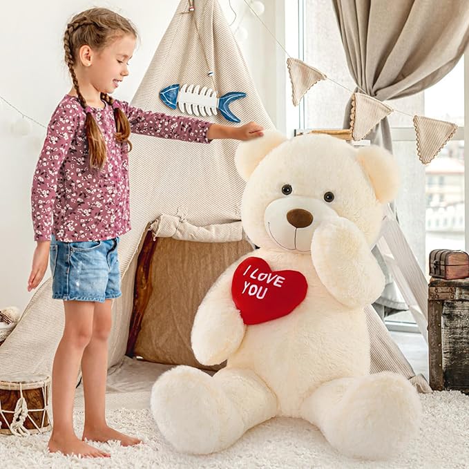 MaoGoLan Big Teddy Bear Stuffed Animal, Soft and Cuddly Giant White Teddy Bear Plush with I Love You Red Heart,Valentines Gift for Kids,Girlfriend,Boyfriend,Lover,36 inches