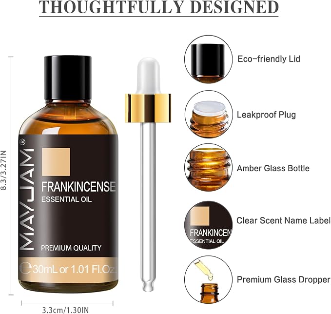 MAYJAM Frankincense Essential Oil for Diffuser Home Yoga Use, 1.01fl.oz | Long Lasting Scents, Essential Oils for Soap Candle Making, Frankincense Oil for Skin