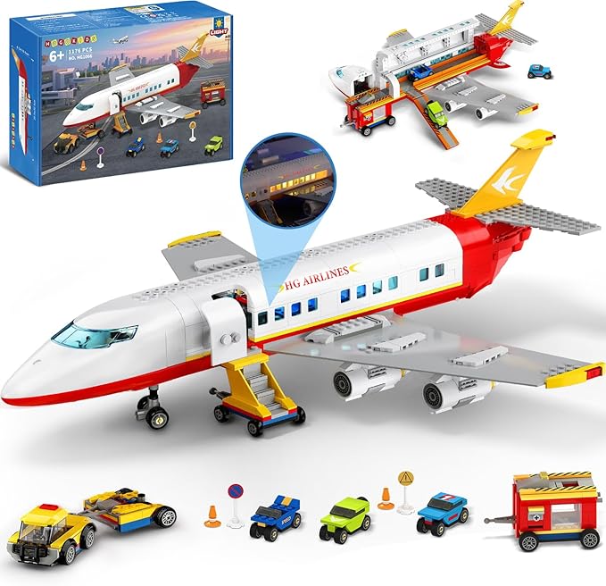 HOGOKIDS 2 Style City Airplane Building Set with LED Light - Large Plane Building Blocks Switch Passenger & Cargo Projectile Toy with 3 Cars, Planes Model Toys Gifts for Adults Boys Girls Age 6-12+
