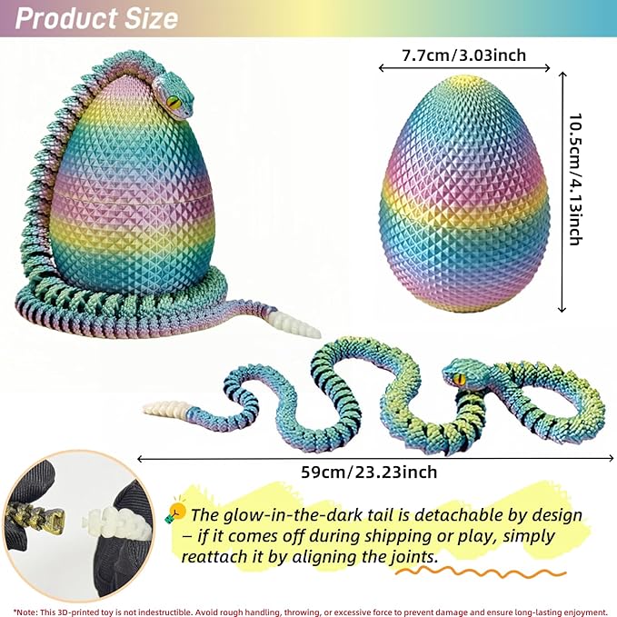 3D Printed Snake with Egg Set - 23.23Inch Flexible Articulated Snake with Luminous Tail, 3D Printed Animal Fake Snake Fidget Toys for Kids & Adults (Multicolored)