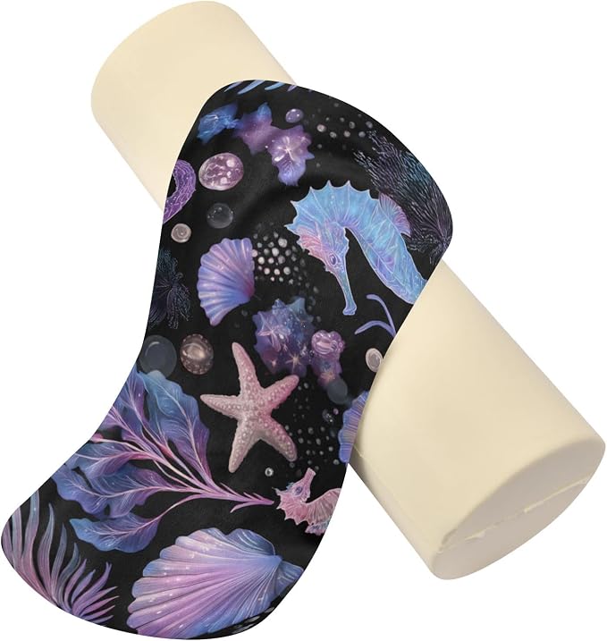 Seahorses Starfish Shells Purple Neck Roll Pillow Bolster Round Health Memory Foam Long Cervical Cylinder Pillows with Removable Washable Cover for Body Bed Legs Back Yoga
