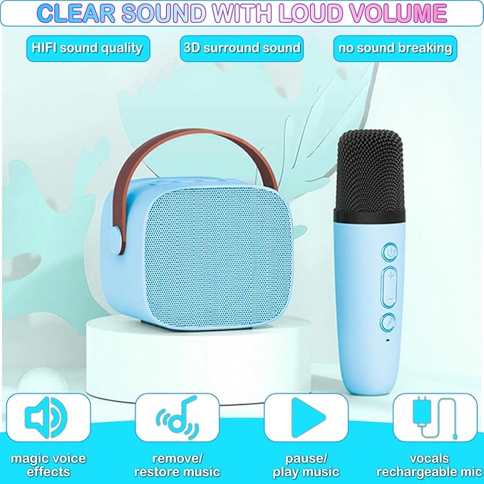 Kids Karaoke Machine, Portable Bluetooth Speaker with 2 Wireless Mics, Microphone Speaker Set with LED Lights for Home Party, Birthday Gifts for Girls Boys Kids