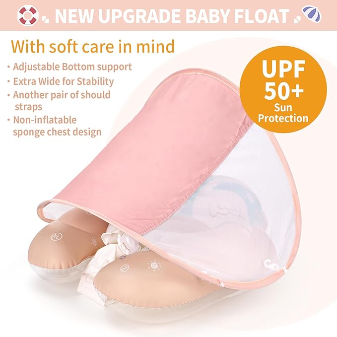 Free Swimming Baby Inflatable Baby Swim Float with Sun Canopy Size Improved Infant Pool Floaties Swimming Pool Toys for The Age of 3-36 Months (Pink, Large)