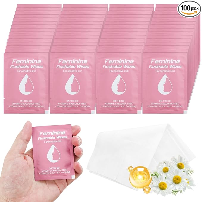 twoworld 100 Feminine Wipes Flushable Travel Individually Wrapped | Travel Wipes for Women,Feminine Care Wet Wipes Travel Size Vaginal Wipes for Adult,Girl and Homeless(Chamomile)