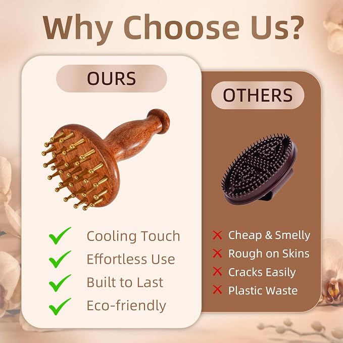 Oleamuo Meridian Massage Brush for Belly, 29-Teeth Brass Head Massage Tool | Rosewood Handle, Cooling Touch, for Scalp & Body Relief