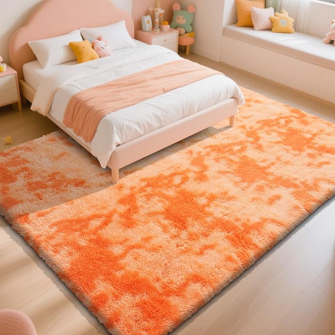 Mottling Orange Fluffy Rug Shag Area Rug, 9x12 Area Rugs for Girls Bedroom, Big Soft Shag Bedside Non-Slip Plush Dorm Carpet Home Decor Aesthetic