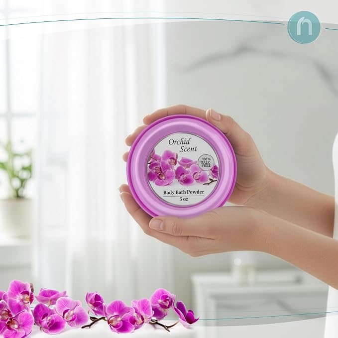 R-NEU Body Powder for Women with Powder Puff, 100% Talc-Free, Majestic Orchid Scented Dusting Powder, After Bath for Soft Skin, Extra Large, 1 Pack (5oz)