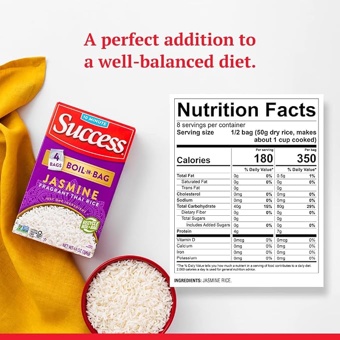 Success Boil-in-Bag Rice, Thai Jasmine Rice, 14-Ounce Box, Pack of 1 | Precooked rice bag for quick and easy meals, stovetop or microwave, ready in 10 minutes, gluten-free, kosher, non-GMO