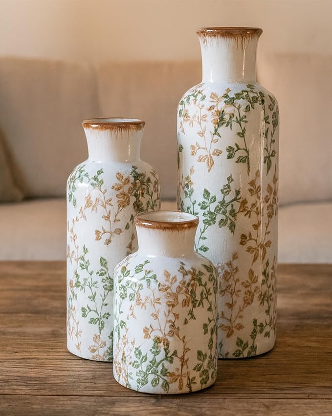 Brown and Green Ceramic Vase Set of 3, Vintage Botanical Vases for Decor | Crackle glaze and distressed rims for Tuscan living rooms, mantels and dining table centerpieces
