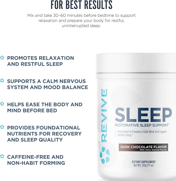 Revive MD Sleep Support Supplement for Adults, Dark Chocolate - Sleep Supplements with Magnesium (Glycinate), Inositol, Glycine & L-Theanine - Promotes Relaxation & Sleep Health (30 Servings)