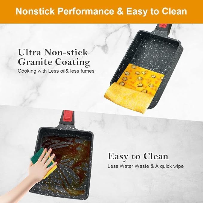AIKENBBKK Tamagoyaki Pan, Japanese Omelette Pan Nonstick, Japanese Egg Pan, Square Egg Pan, Induction-Ready, Detachable Handle, with Silicone Spatula, PFAS & PFOA-Free, Oven Safe, Black, 7.5” x 6.3”