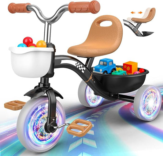 Toddler Tricycle for 1-3 3-4 Year Olds, Toddler Baby Bike, 2 3 4 Year Old Boys Girls Birthday Gifts, Outdoor Riding Toys for Ages 2-4, 3-Level Adjustable Seat, 3 Color Light Wheels, 2 Baskets