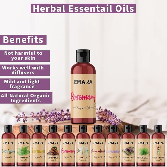 EMARA All Natural Herbal Rosemary Essential Oil for Diffusers, Skin Care, Aromatherapy Fragrance Oil, Organic Therapeutic Grade 15 mL (1/2 fl oz)