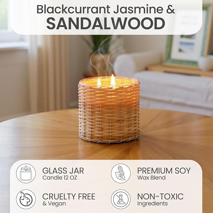 Sea Grass Scented Candle – Luxury 12oz Soy Wax, 2-Wick Handwoven Glass Jar, scents of Blackcurrant, Jasmine and Sandalwood - Santal Candle, 75+ Hour Clean Burn, USA Made