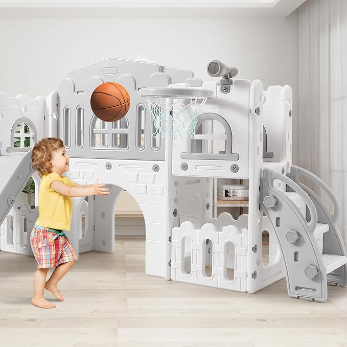 Toddler Slide 8 in 1 Toddler Playset for Toddlers Age 1-3, Baby Playset for Indoor Outdoor Playground with Climber, Crawling Tunnel, Basketball Hoop, Telescope, Toy Storage