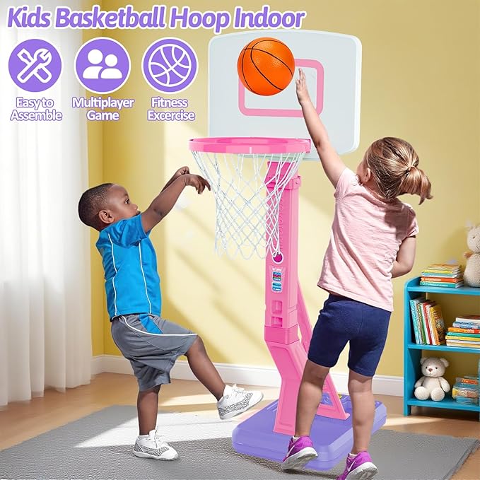 Toddler Girl Basketball Hoop Indoor Pink Adjustable Mini Basketball Goal with Ball Pump for Outdoor Poolside Toys Backyard Game Outside Basketball Toy for Kids Age 3-5 6 7 4-8 Birthday Gift