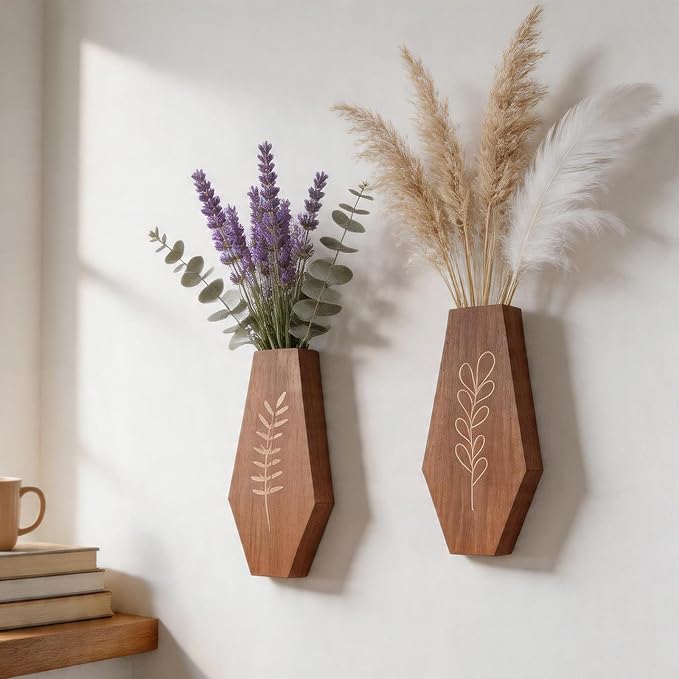 Wood Wall Planter 2 Pack, Modern Farmhouse Wall Decor Mounted Wooden Vase Set, Hanging Planter for Indoor Plants, Boho Wall Decor for Living Room, Entryway, Hallway, Bathroom (Brown)