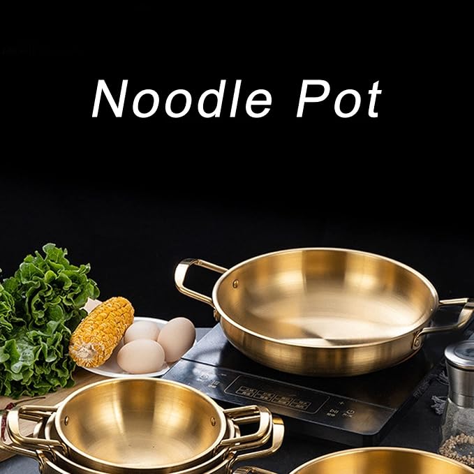 Korean Ramen Noodle Pot, Stainless Steel Golden Ramen Cooker with Handles, Portable Kitchen Cooking Pot for Kitchen Outdoor Cooking (18CM)