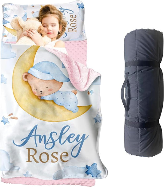 Personalized Toddler Nap Mat for Girls – Custom Name Kids Nap Mat – Daycare Sleeping Mats with Removable Pillow and Soft Minky Dot Blanket for Preschool, Travel, Kindergarten