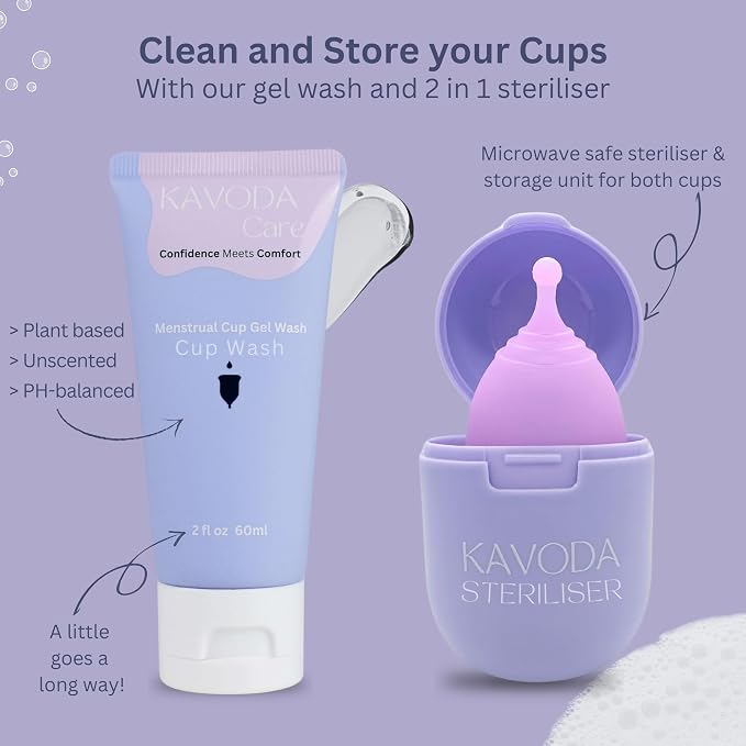 Menstrual Cups with Sterilising Cup & Gel Wash - Reusable, Easy to Use, Pack of 2 in Small & Large Size