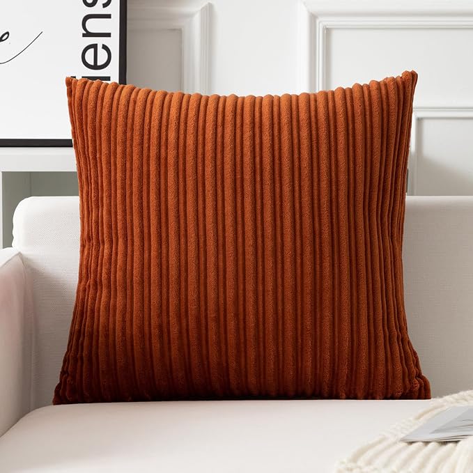 UGASA Fall Velvet 24x24 Inch Soft Throw Pillow Cover Boho Farmhouse Decorative Corduroy Striped Both Sides Solid Square Cushion Case for Couch Bedroom Sofa Home, 1 Piece, Burnt Orange