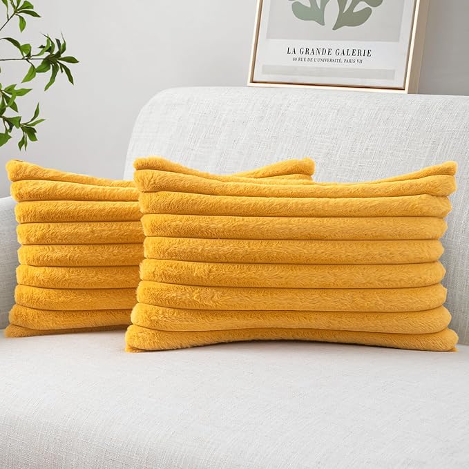 MIULEE Faux Fur Lumbar Throw Pillow Covers 12x20 Set of 2 Mustard Yellow | Vintage Boho Fall Soft Plush Couch Pillows, Cozy Fluffy Cushion Covers for Sofa Bed Living Room Home Decor