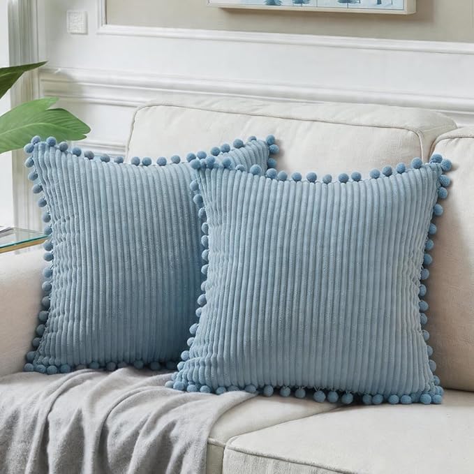 Fancy Homi Set of 2 Light Blue Decorative Throw Pillow Covers 16x16 Inch with Pom-poms, Boho Farmhouse Home Decor, Soft Corduroy Square Baby Blue Cushion Case for Living Room Couch Bed Sofa 40x40 cm