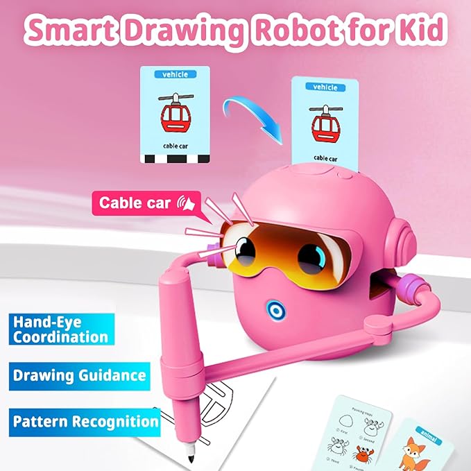 Smart Drawing Robot for Kids with 100 Cards & 12 Color Pens, Voice Interactive Educational Painting Machine, Montessori Learning Toy, Magic Drawing Robot, Ideal Gift for Boys and Girls Ages 3+ (Pink)