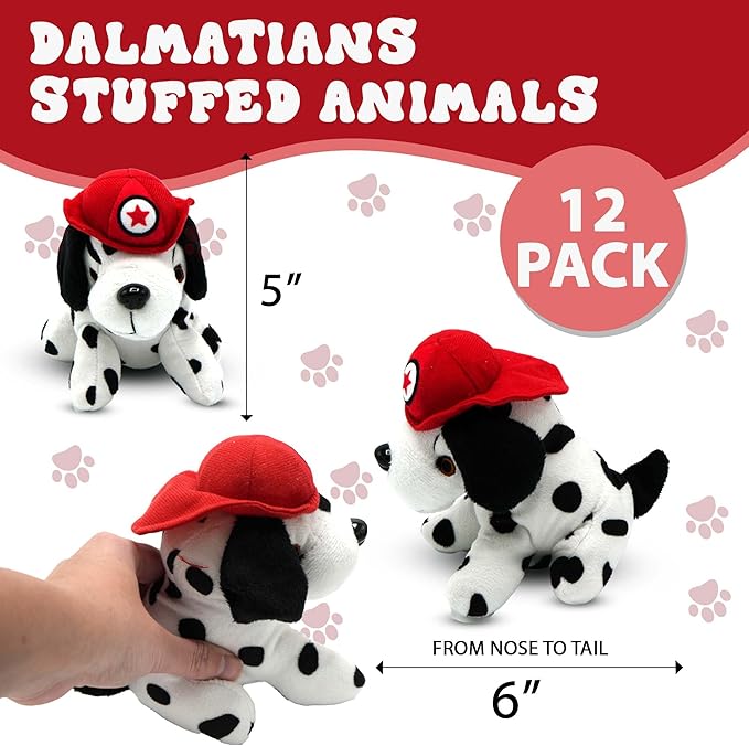 4E's Novelty 12 Pack Dalmatians Stuffed Animals - Soft Stuffed Dalmatian Dog Plush, 6” Small Dalmatian Puppy Plush with Fire Hat, Dalmatian Dog Toy for Kids, Birthday Party Favors