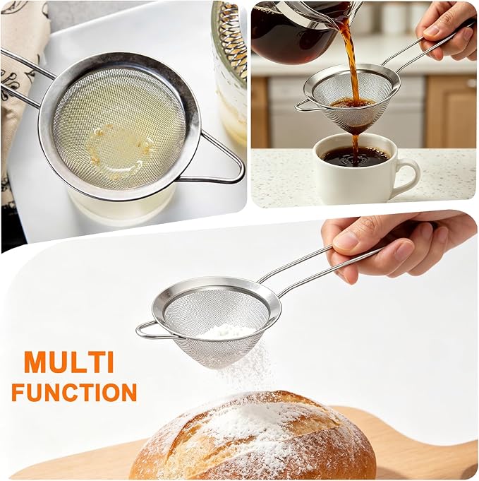 Small Fine Mesh Strainer Set, Stainless Steel Mini Sieve, Bar Strainer for Cocktail, Juice, Coffee, Tea Strainer for Loose Leaf Tea, Mini Sifter for Matcha, Flour, 4 PCS | 3.15 In Mini Strainer, for Cocktails, Loose Tea, Juice, Fits Most Cups and Mugs