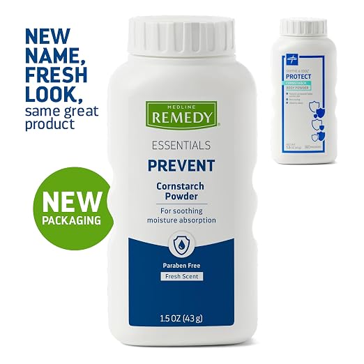 Medline Remedy Essentials Cornstarch Powder (1.5 oz Bottle), Fresh Scent, Talc Free, Travel Size, Skin Care, Absorbs Sweat, Soothes, Reduces Friction & Chafing, for Adults, Feet, Groin