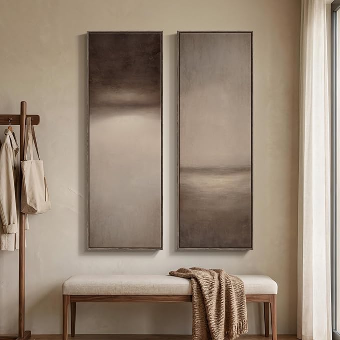 Large Framed Brown Beige Abstract Long Narrow Wall Art for Hallway, 2 Piece | Long narrow, Oversized, Canvas prints, Neutral abstract pictures, Vertical, Brown beige, Modern artwork, Entryway wall decor