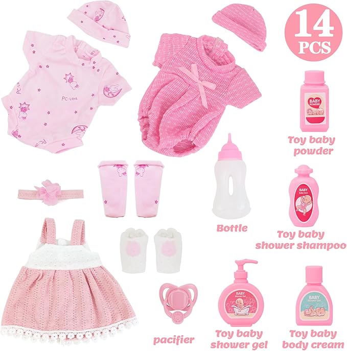 UNICORN ELEMENT 14 Inch Reborn Baby Girl Doll with Baby Doll Clothes and Accessories, Reborn Vinyl Body 14” Dolls Playsets, with Pacifier, Feeding Bottle Etc,Gift for Girls Toddlers 3+