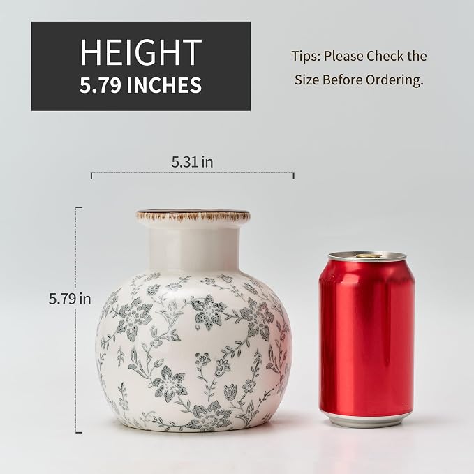 SIDUCAL Ceramic Vintage Vase, 5.91 Inch Retro Ice Cracked Chinoiserie Floral Vase, Rustic Farmhouse Vases for Home Decor, Bookshelf, Garden, Chinoiserie Decor, Tuscan Decor, Gray Floral Pattern