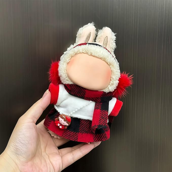 Winter 17cm Doll Clothes(NO Doll), Cute Christmas Red Grid Dolls Outfit Accessories with Headwear+Top+Skirt+Scarf Clothes Set for Dolls Christmas Clothes Set