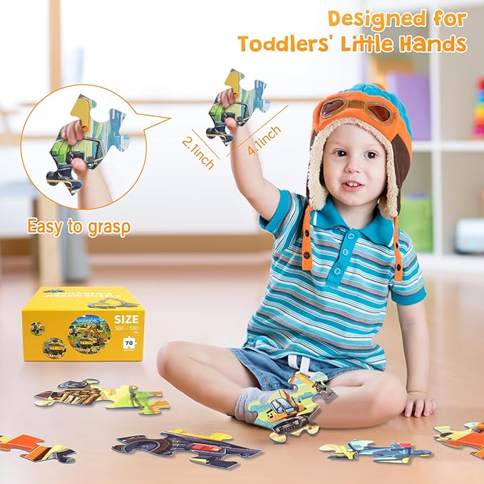 Floor Puzzles for Kids Ages 4-6, Large 70 Piece Construction Puzzles for Kids Ages 6-8 with Excavator Bulldozer Forklift Dumper Truck, Building Site Educational Toy Gifts for Boys Girls Children