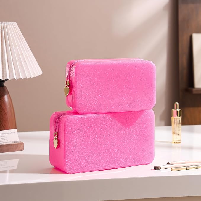 RSRSLEII Stardust Twinkle Jelly Travel Makeup & Toiletry Bag, Waterproof PVC Cosmetic Bag/Case for Women，Zipper SPF Beach Bag for Sunscreen Skincare and Daily Essentials (02Hot Pink)