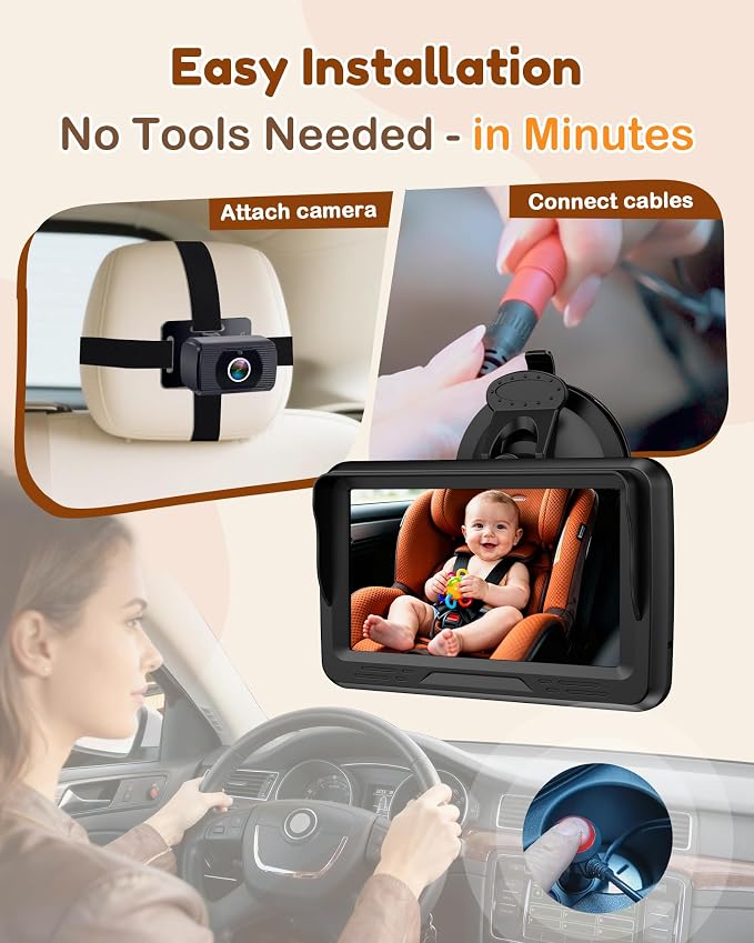 Rohent Baby Car Camera HD 1080P - Rear-Facing Infant Monitor with Night Vision Car Camera for Baby 150° Wide-Angle Lens Anti-Glare Screen Easy Install 360° Adjustable Display