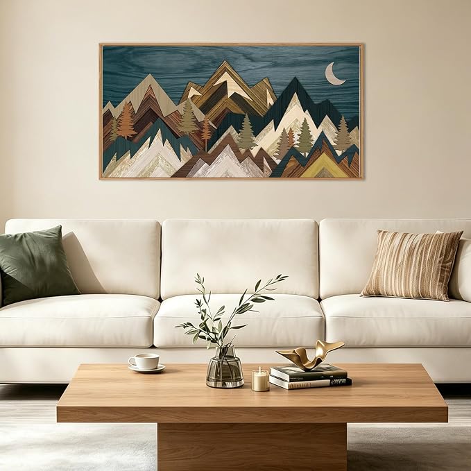 BINCUE Mountain Wall Art Framed Canvas Wall Art Nature Forest Wall Decor Rustic Farmhouse Wall Painting Moon Art for Living Room Bedroom Dining Room Large Size 20"x40"