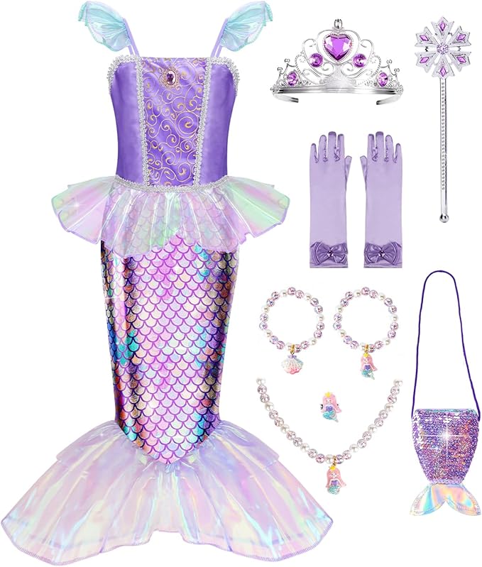 Meland Mermaid Dress - Little Mermaid Costume with Bag for Girls 3-10, Princess Dress Up for Birthday Gift, Halloween Costume