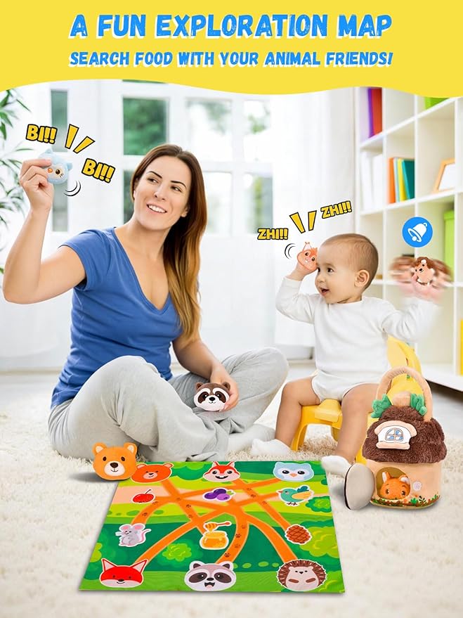 Baby Toys 6-12 Months Forest Farm Animal Stuffed House Set with Map Hazelnut Stuffed Farm Animals Rattle Squeaker Montessori Toys for Babies Sensory Infant Toy Toddler Gift 1-3 Year Old